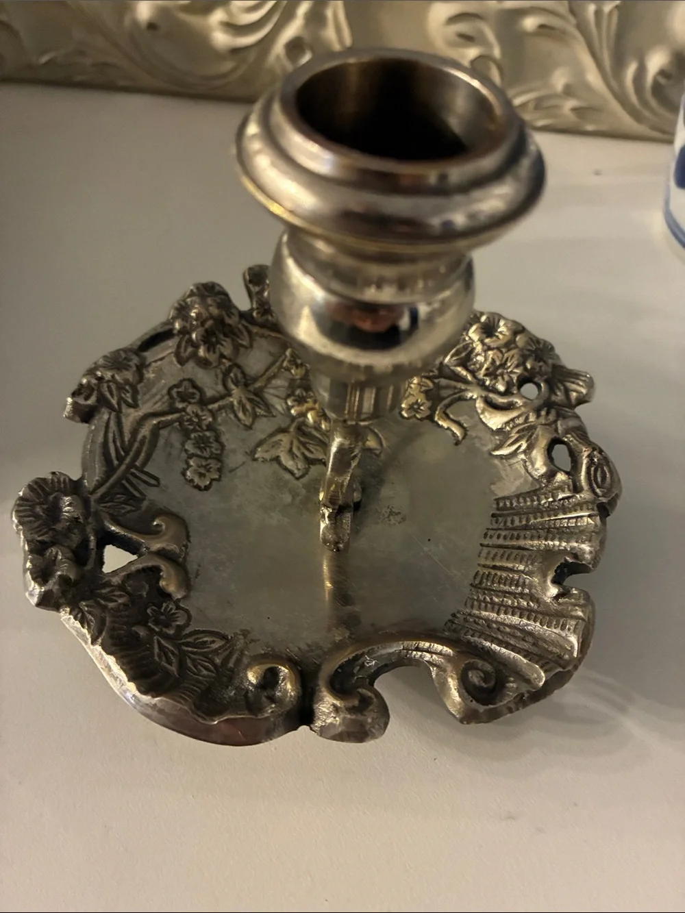 Vintage Silver Plated Floral Chamberstick Candle Holder Cottagecore Art Nouveau